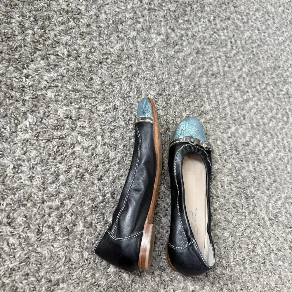 AGL Monika Cap Toe Ballet Leather Flats 38 US 8 Black Blue Accent Slip On Shoe